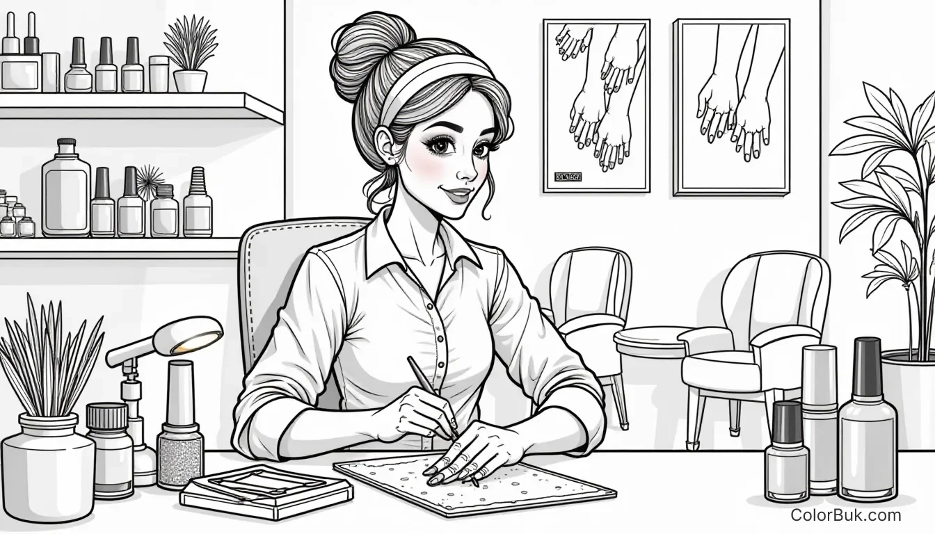 Nail Art Coloring Pages A cheerful nail technician at her colorful salon station, surrounded by nail supplies. Coloring book illustration with intricate details.
