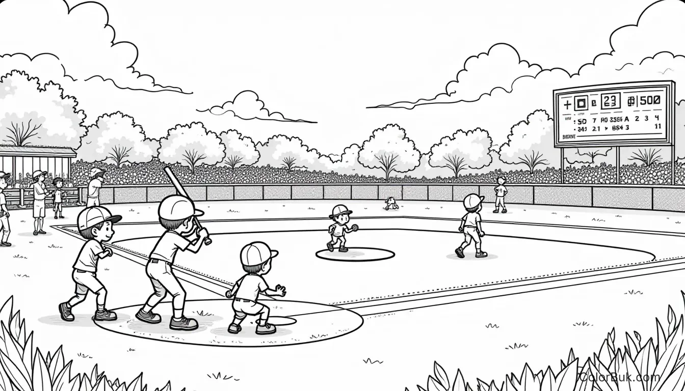 Baseball Themes Black and white illustration of a baseball park with kids playing and a scoreboard, perfect for coloring.