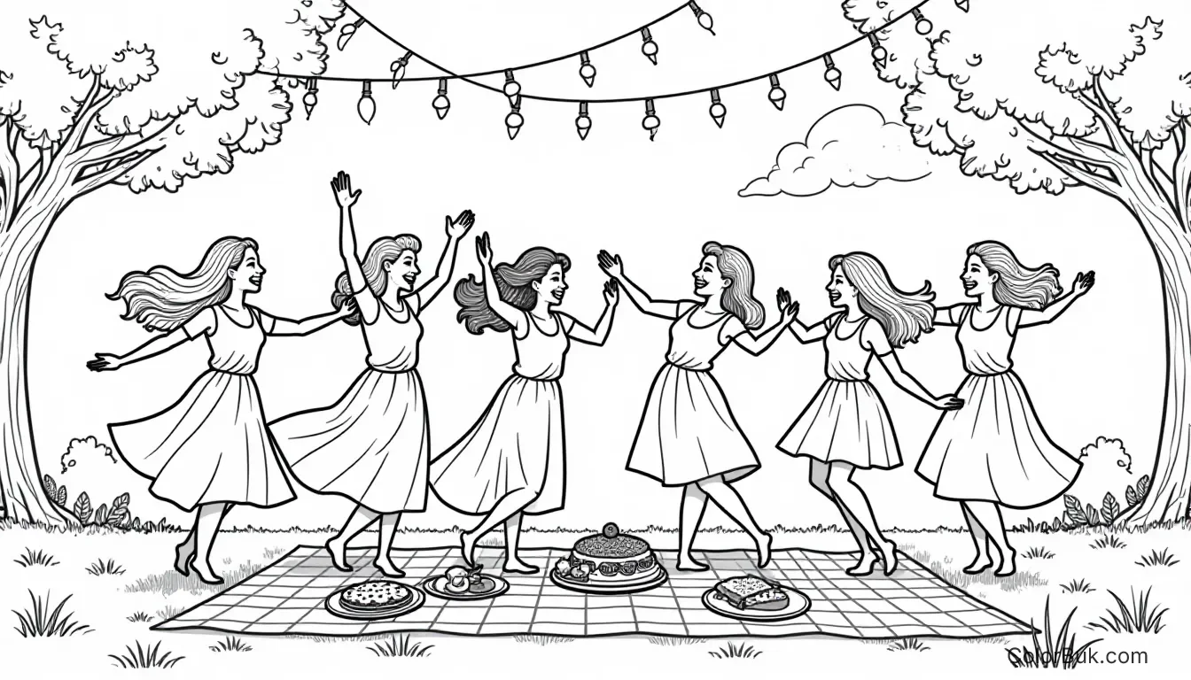 Friends Dancing Under Fairy Lights - Coloring Page Illustration of friends dancing joyfully under fairy lights in a coloring book style