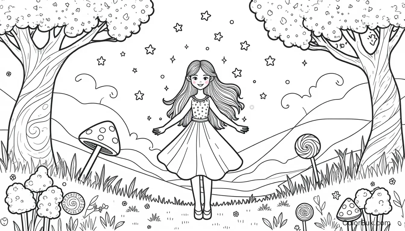 Fantasy Coloring Pages A whimsical coloring page featuring a magical girl in a candy forest, with candy trees and clouds.