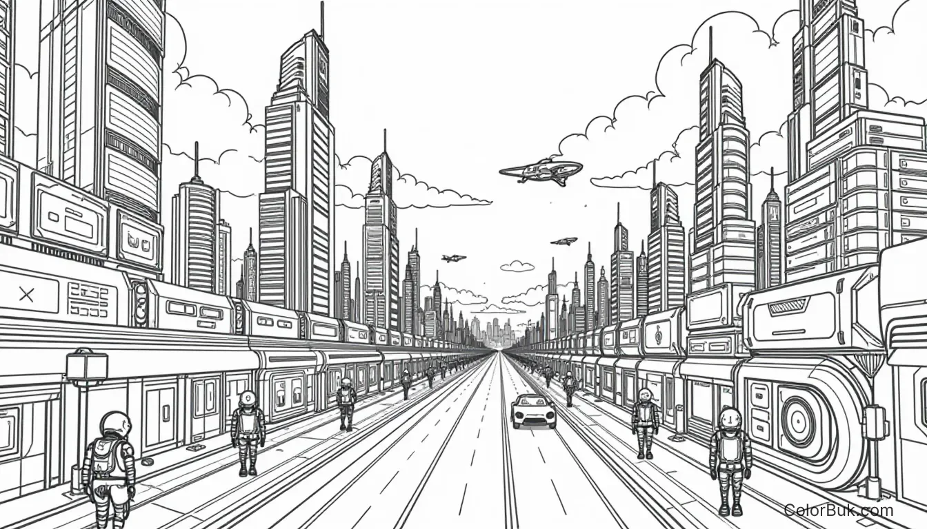 Futuristic Coloring Pages Black and white coloring page of a futuristic city in 2145 with skyscrapers, flying cars, and robots.