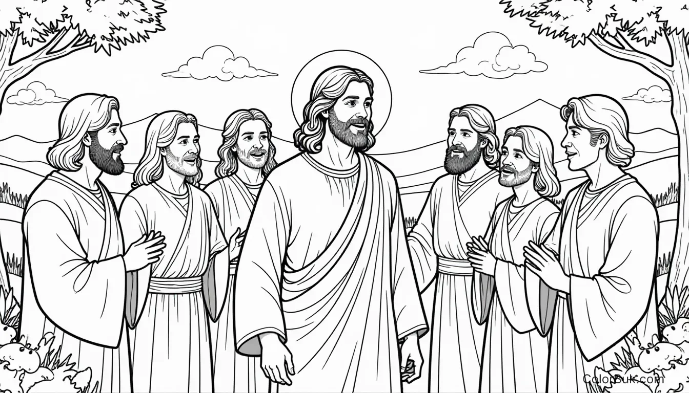 Christian Art Coloring page illustration of Jesus with his disciples in a serene outdoor setting.