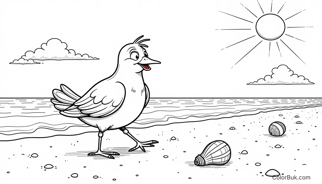 Beach Themed Coloring Sheets Whimsical coloring book illustration of RT Byrd walking on a beach