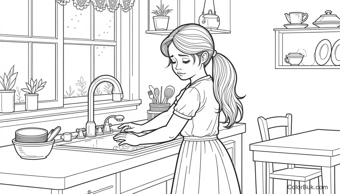 Emotional Themes in Art Young girl washing dishes in a cozy kitchen, line art coloring book page.