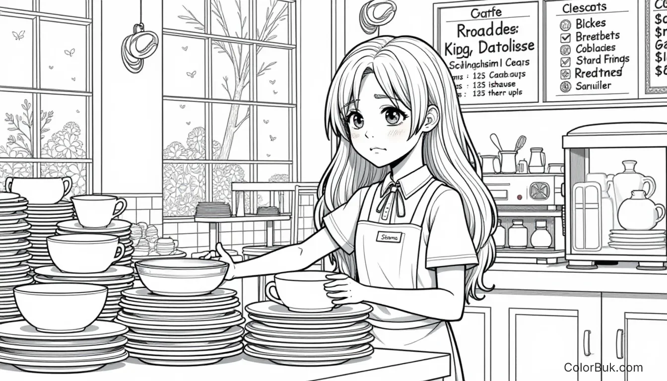 Café Illustrations A young girl in an apron looking tired in a busy café, perfect for coloring.