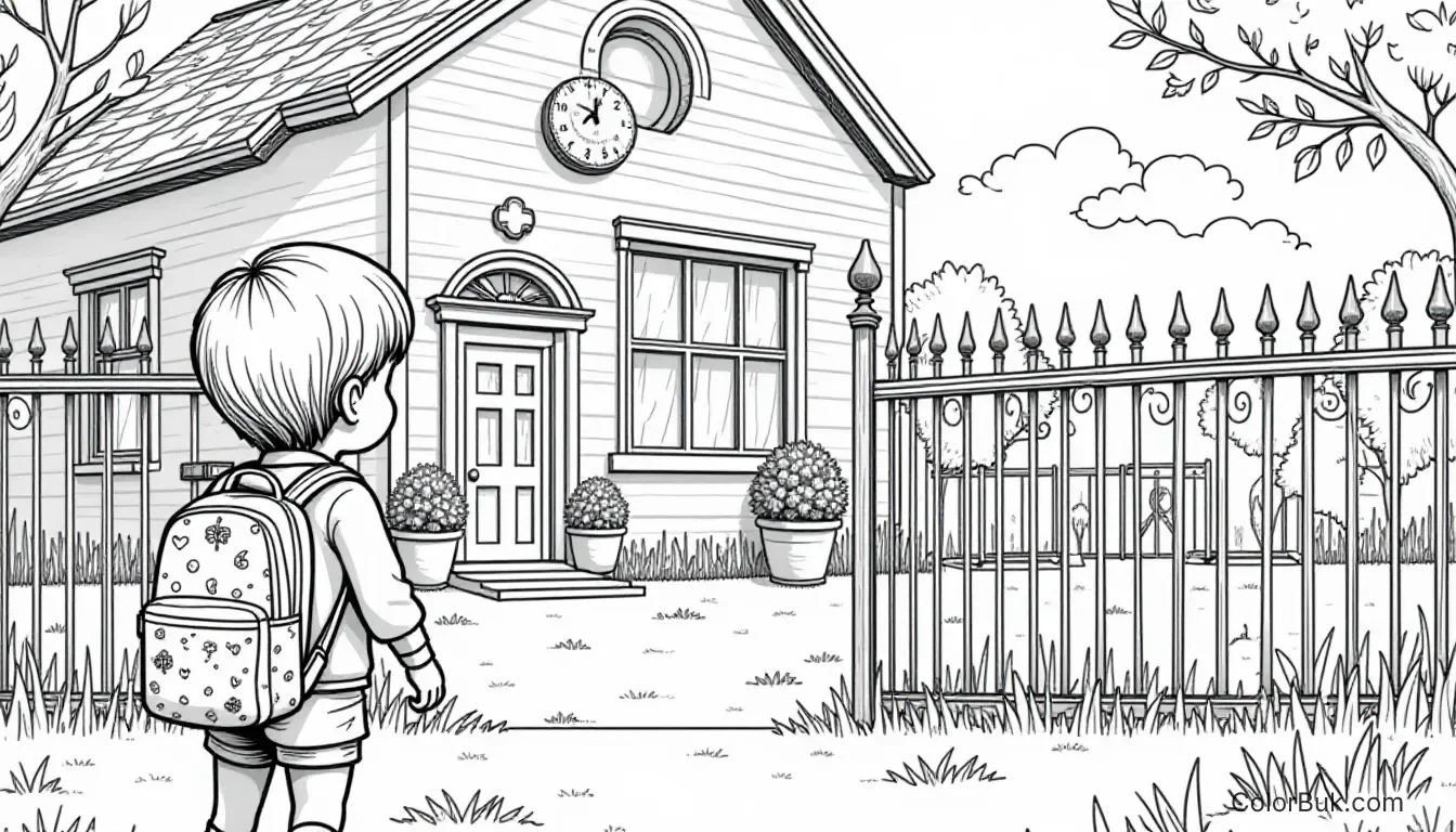 Children's Coloring Book Whimsical school illustration with a sad child outside the fence