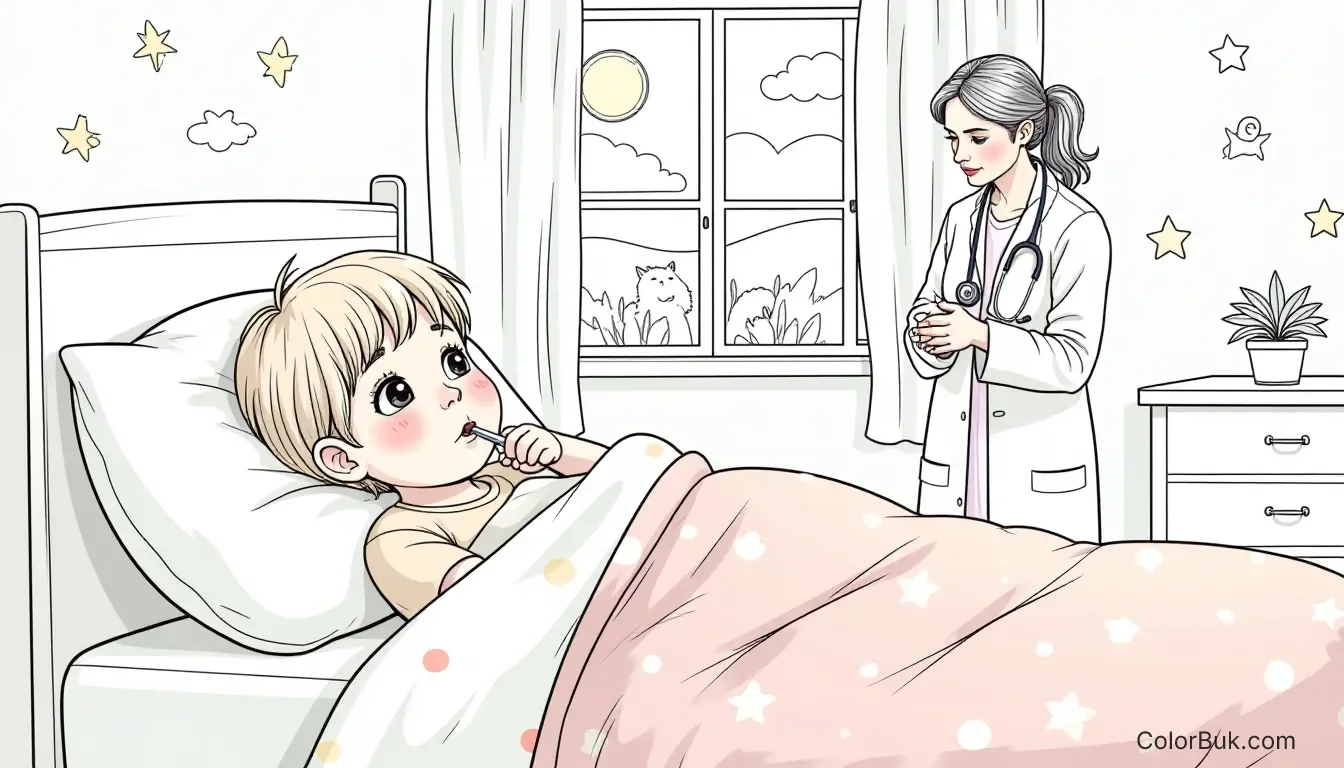 Bedtime Stories Coloring Coloring page of a sick child in bed with thermometer and doctor