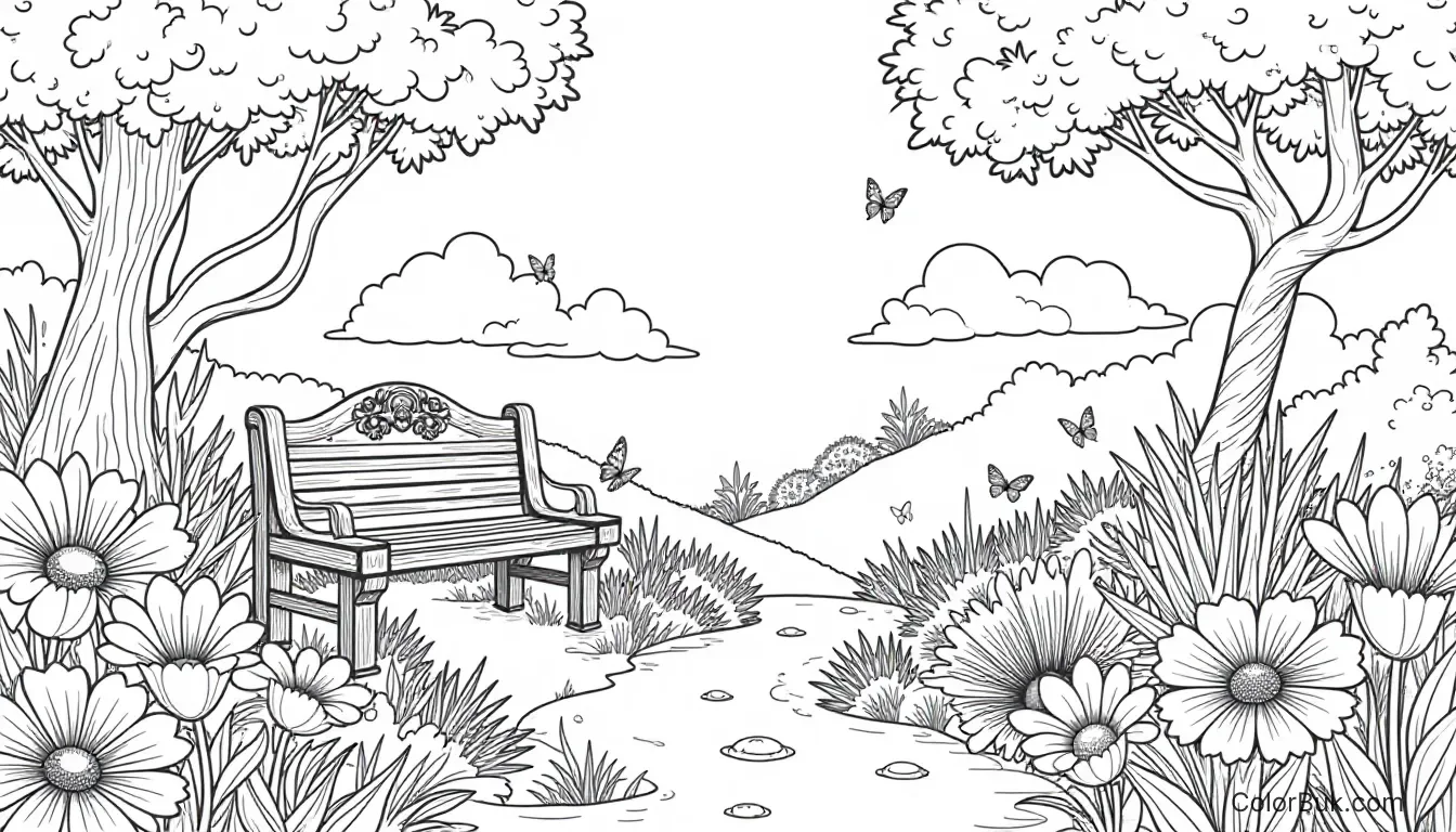Whimsical Fantasy Garden Coloring Page for Kids Intricate black and white fantasy garden coloring page with flowers and butterflies