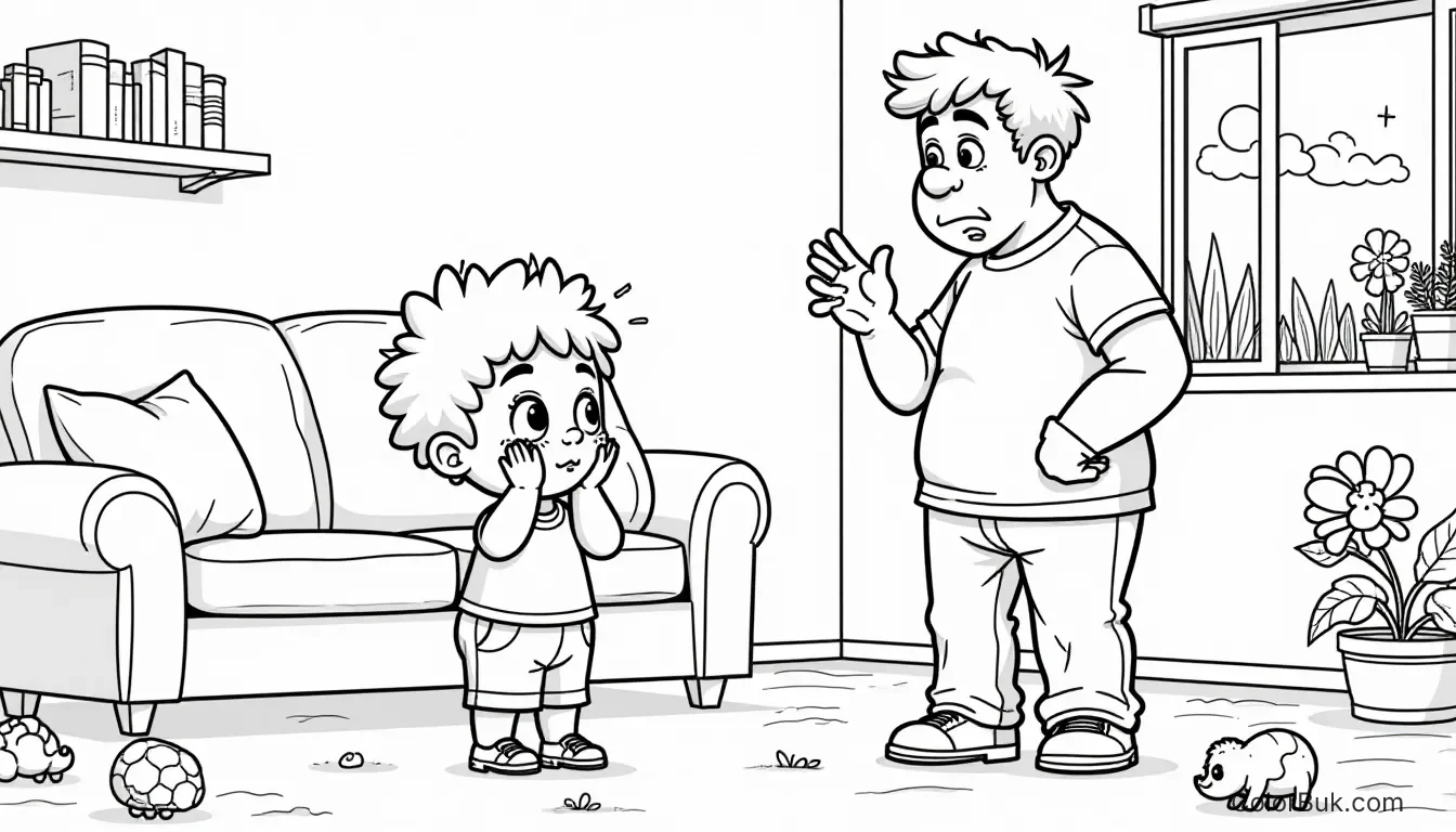 Emotion Illustrations Black and white coloring book illustration of a child covering their face and an adult expressing frustration.