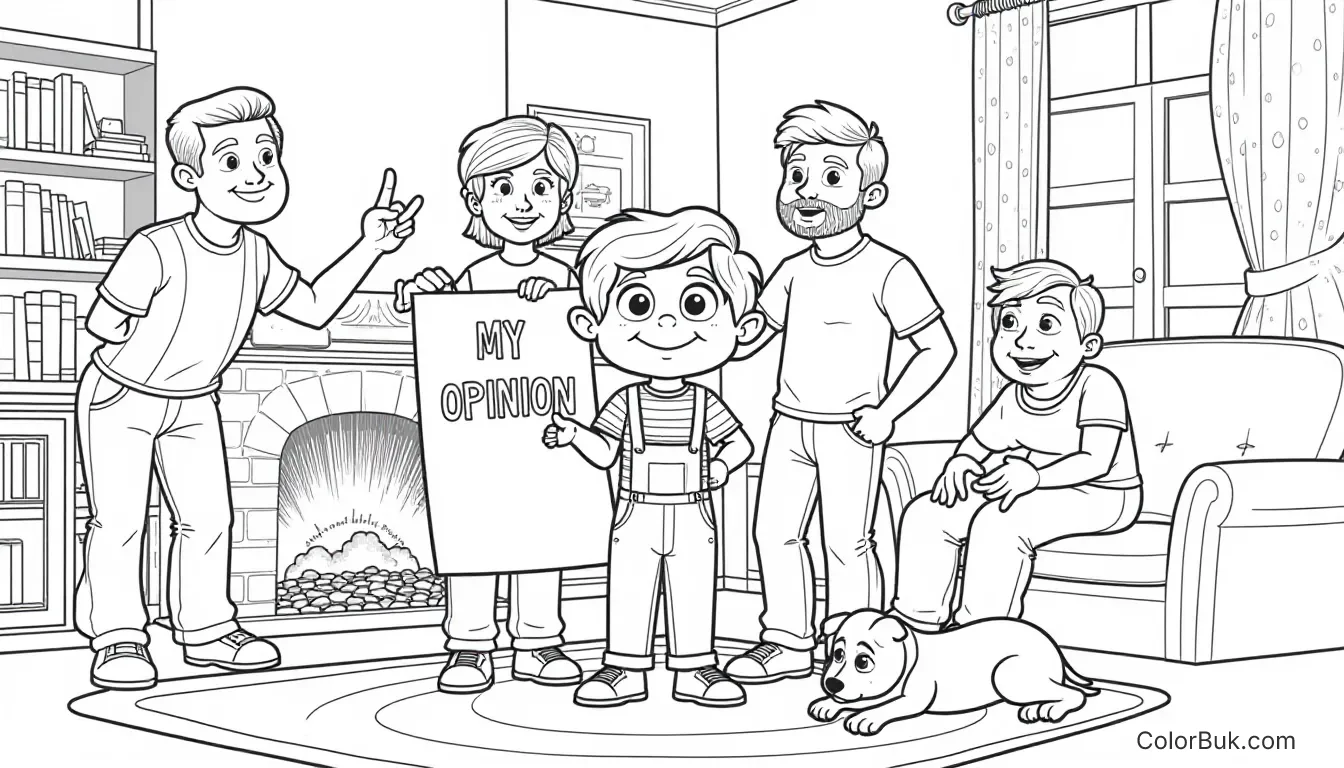 Family Fun Coloring Books A whimsical coloring book image of a child holding 'My Opinion' surrounded by adults signaling 'be quiet' in a cozy living room.
