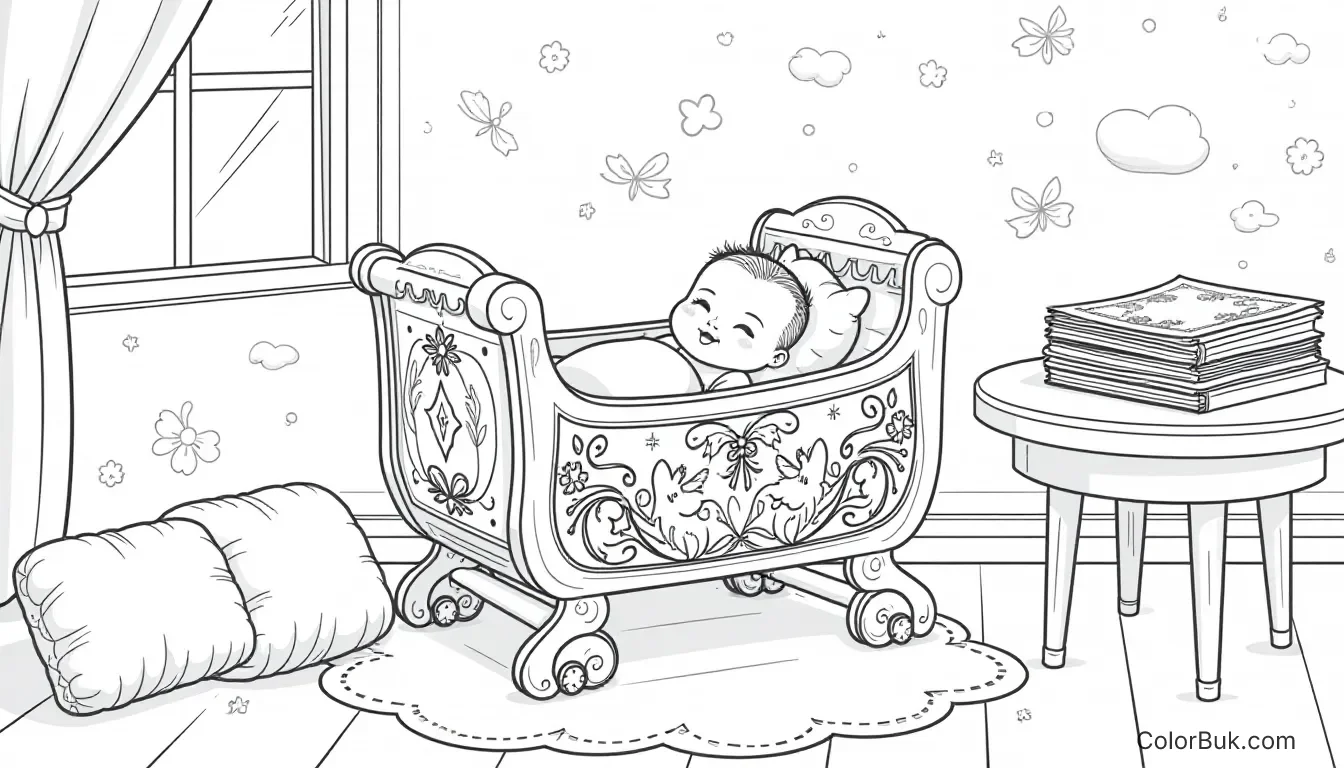 Nursery Themes A charming coloring book illustration of a baby in a cradle in a nursery.