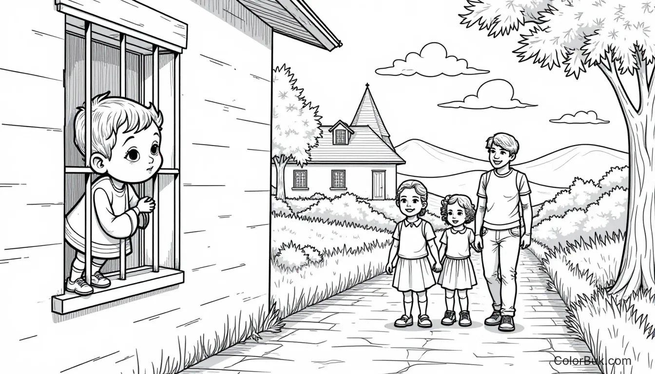 Emotional Illustrations A poignant coloring book image of a child at an orphanage window, longing for a family.