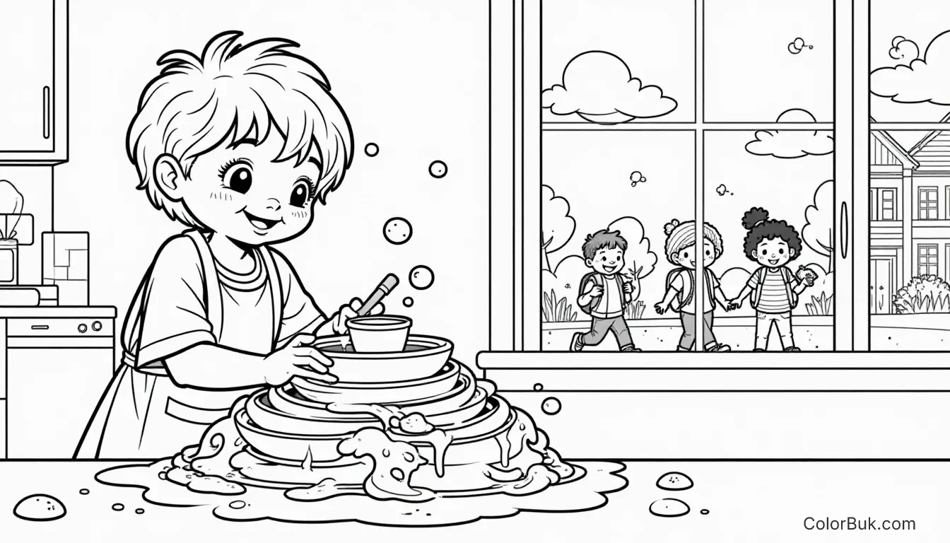 Printable Worksheets A child scrubbing dishes in a cheerful kitchen with kids walking to school outside.