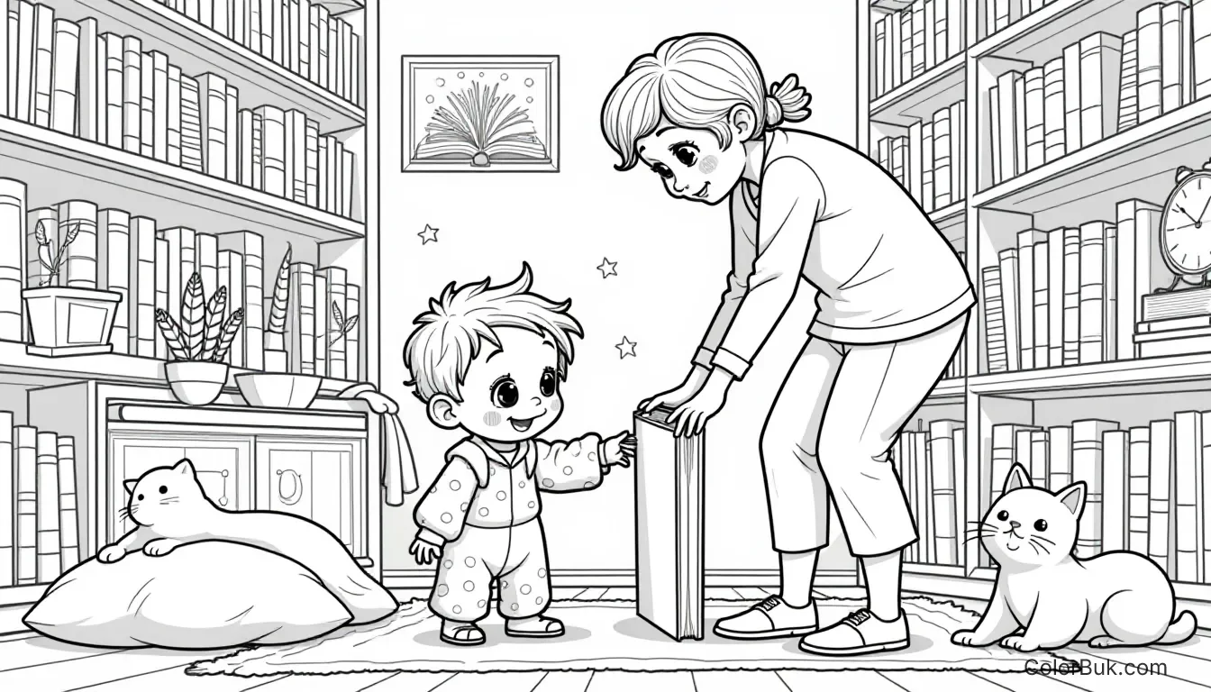 Educational Activities Child reaching for a book in a cozy room - coloring page
