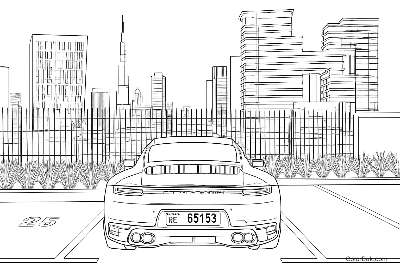 Urban Scene Coloring Pages Sports car coloring page featuring a modern car and urban skyline