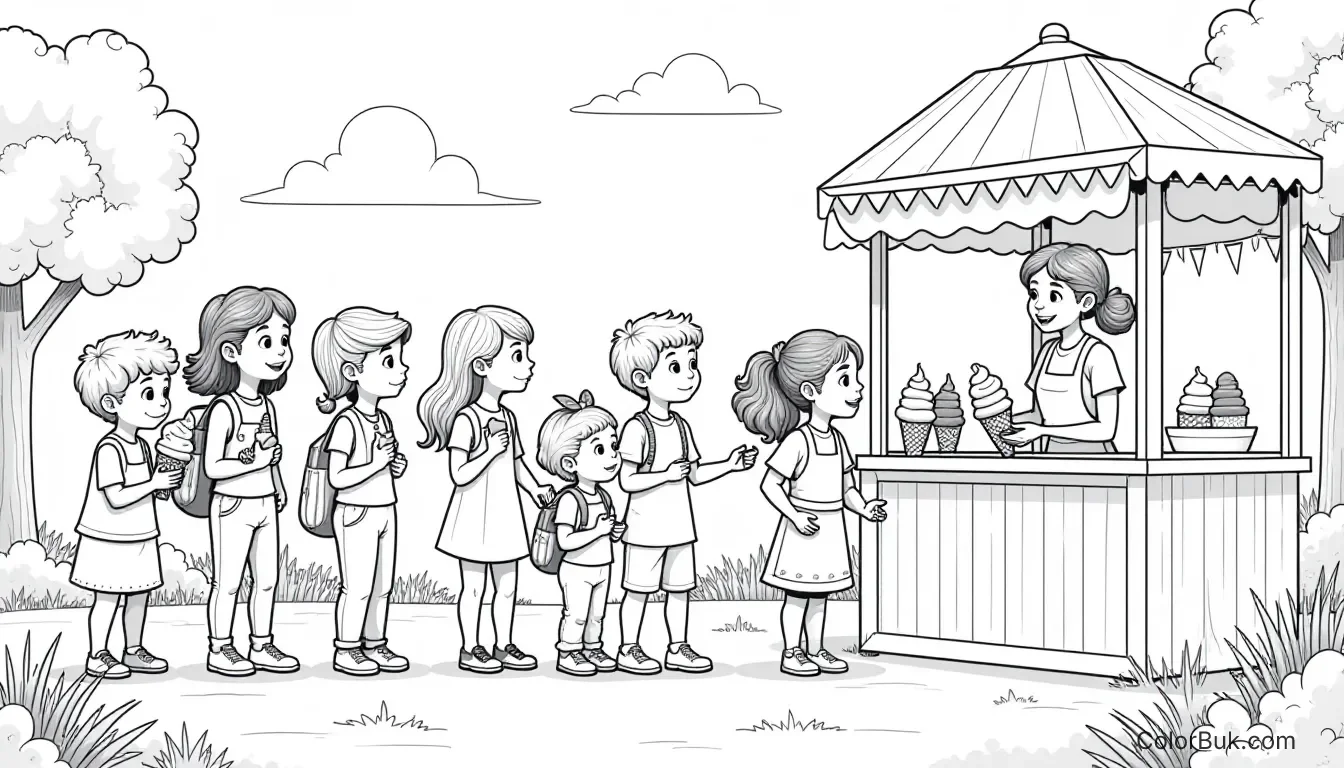 Diversity in Art Coloring page with diverse children waiting for ice cream at a stand.