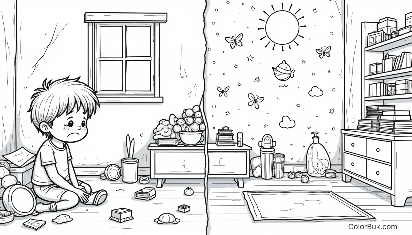 Art Therapy Activities A whimsical coloring book illustration showing a sad child in a messy room and a happy child in a bright clean room, perfect for printing.