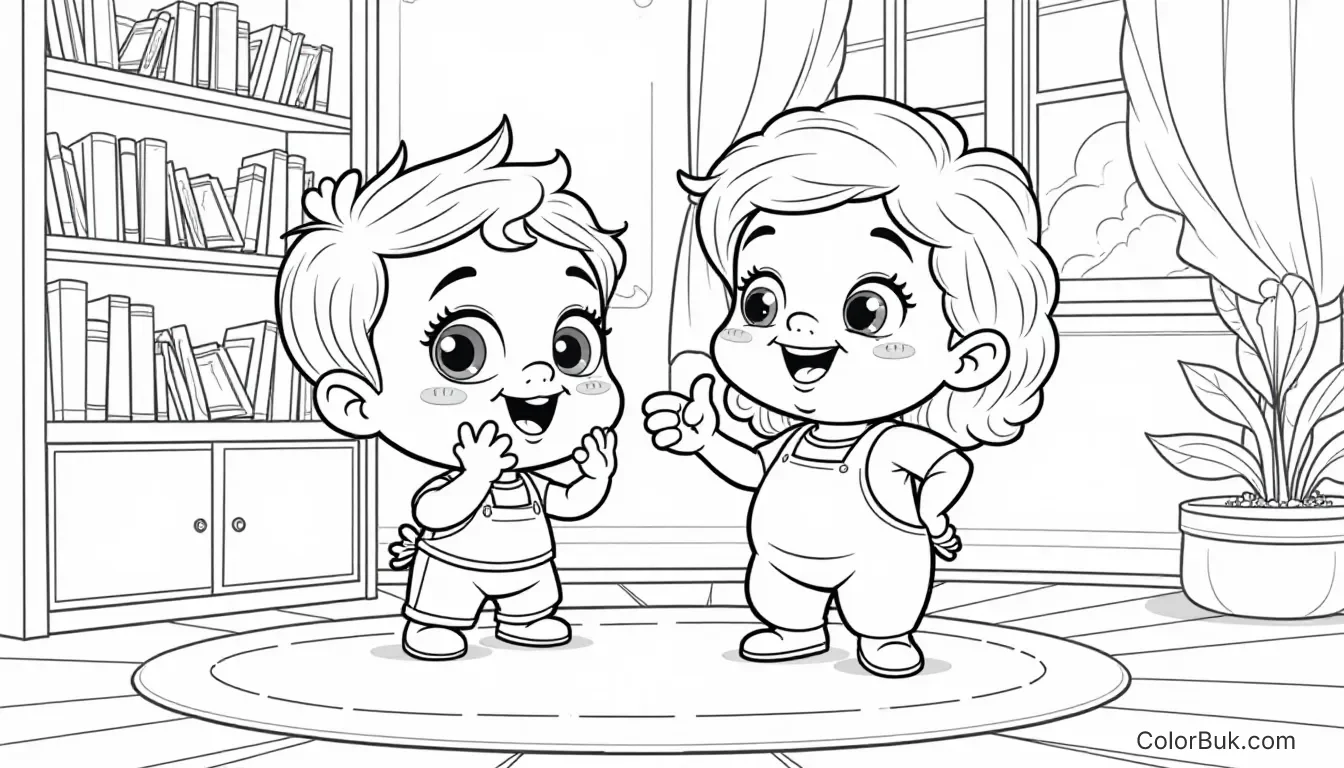 Family Fun Coloring Pages Whimsical coloring page of a child and adult making the 'shhh' gesture in a cozy room setting.