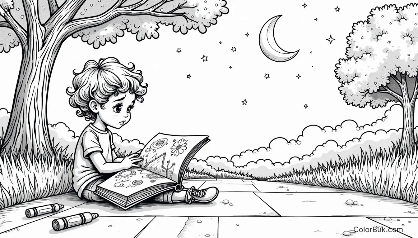 Children's Art Black and white illustration of a sad girl with a coloring book on a sidewalk at night.