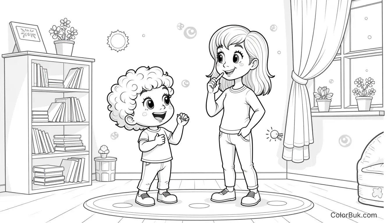 Child Development Activities Coloring page of a curious child and adult signaling to be quiet in a playful room