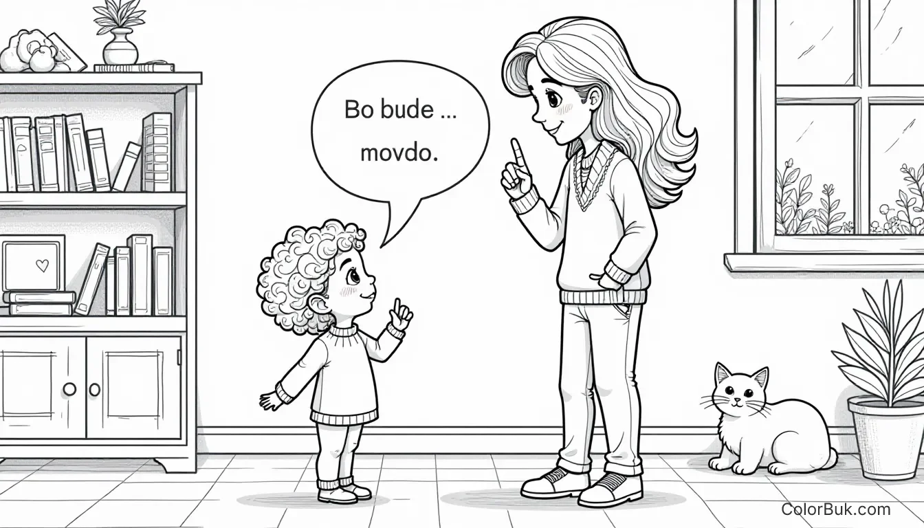 Whimsical Art for Kids Coloring book illustration of a child speaking and adult gesturing 'be quiet' in a cozy home scene.