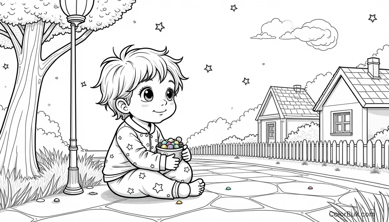 Printable Art for Kids A child on a cobblestone sidewalk at night with a small bag, perfect for coloring.