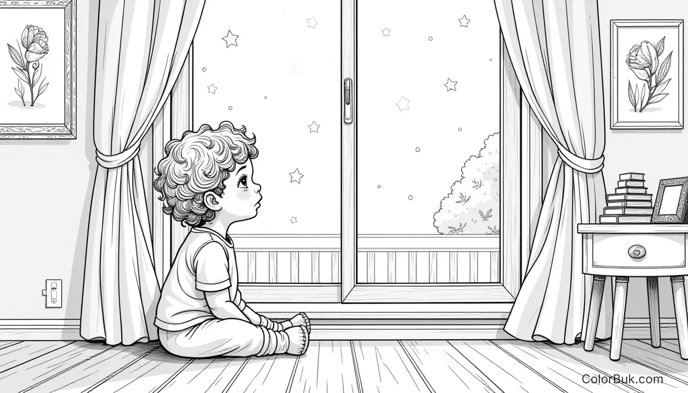 Emotional Expression Art Printable coloring page of a sad child by a window, suitable for coloring.