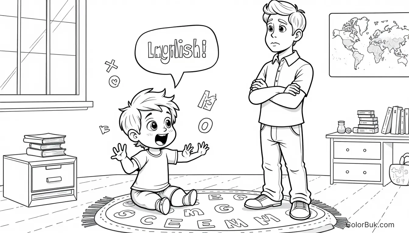 Educational Coloring Activities A whimsical coloring book scene of a child speaking English while an adult gestures to be quiet for kids to color.