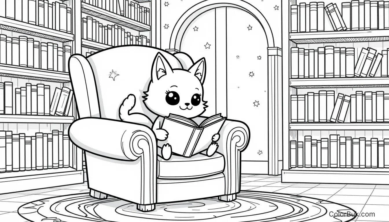 Animal Illustrations Cute chibi cat reading a fairy tale book in a cozy library setting.
