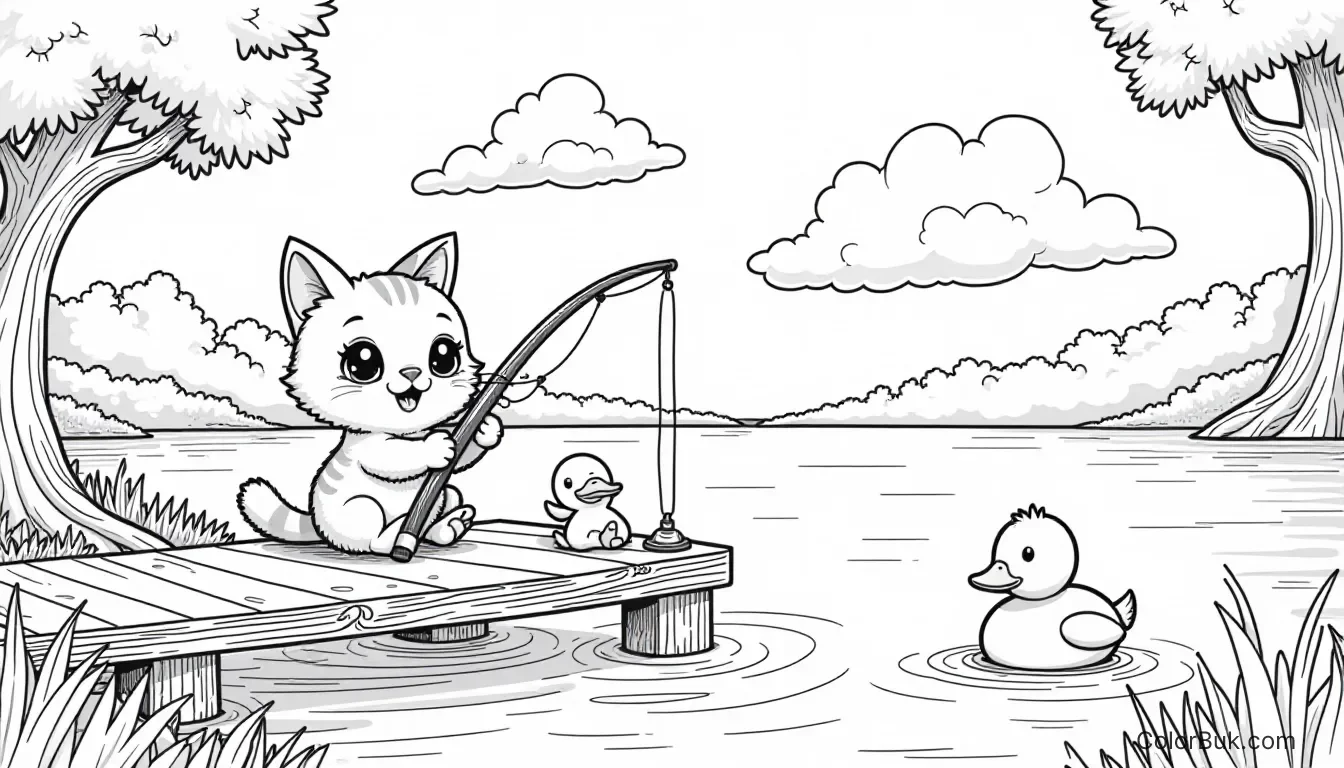 Nature Scenes Black and white line art of a chibi cat fishing from a pier with ducks.