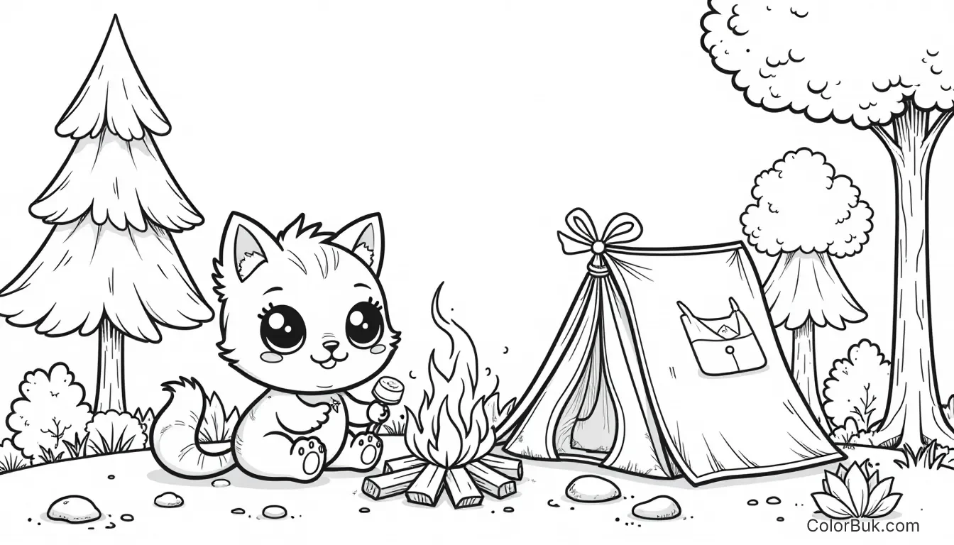 Charming Chibi Cat Camping Coloring Page for Kids Cute chibi cat camping in a forest, roasting marshmallows over a bonfire