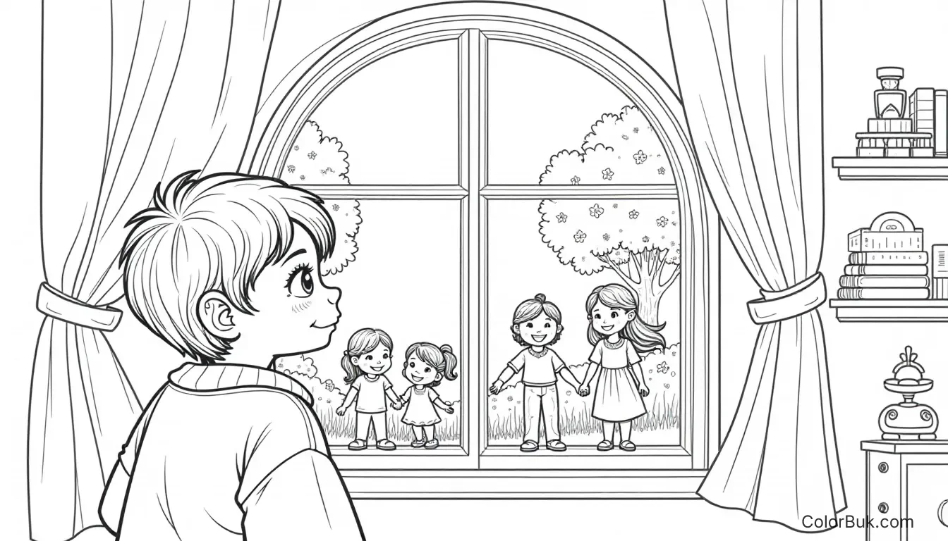Family Themes Black and white coloring page of a child looking out window while family walks by.