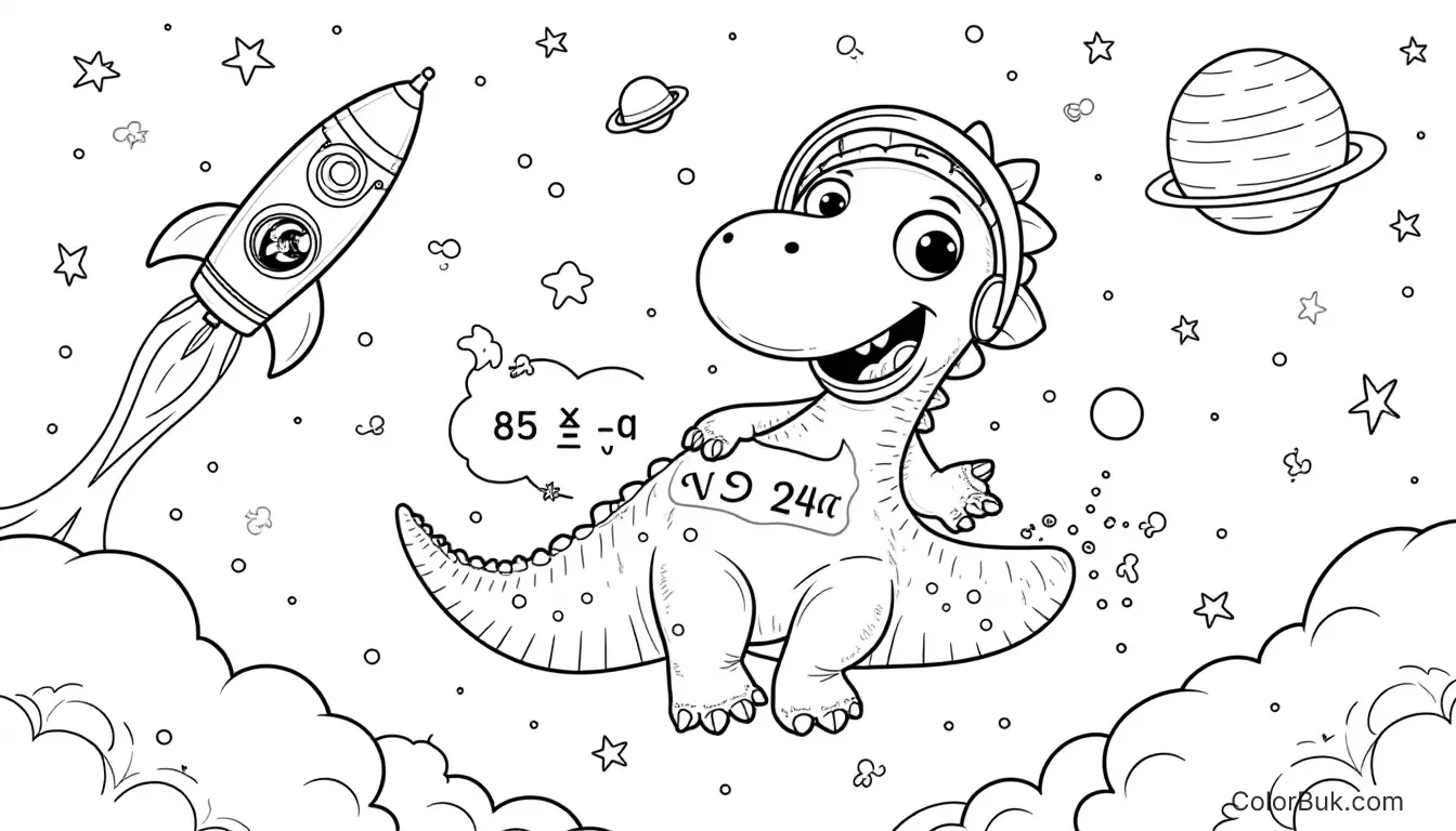 Dinosaur Activities Coloring page featuring a cartoon dinosaur in space with math symbols