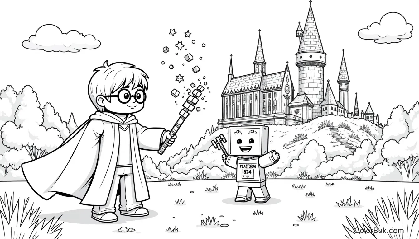Minecraft Coloring Pages Whimsical Harry Potter and Minecraft coloring page featuring a wizard and pixelated character, perfect for kids.
