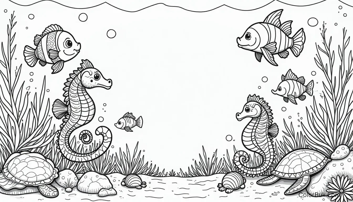 Marine Life Art Whimsical underwater scene coloring page with colorful fish, seahorses, coral.