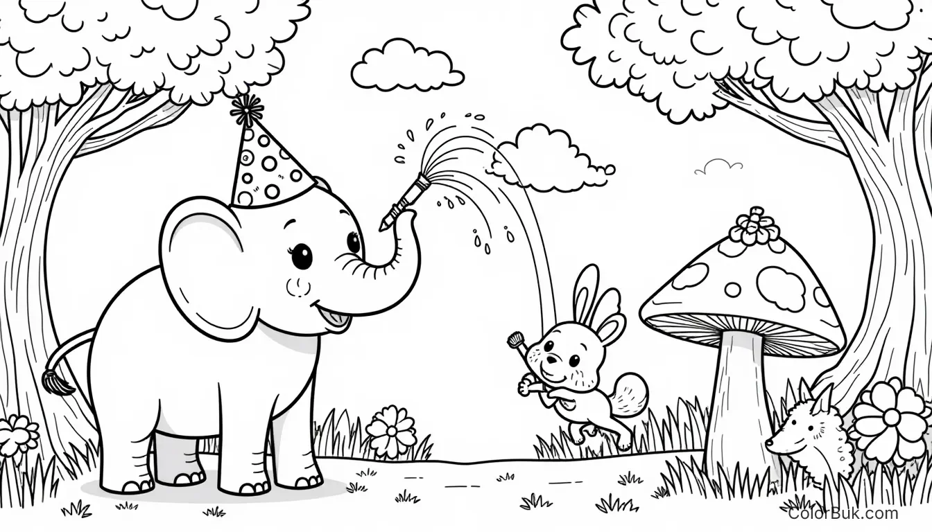 Animal Coloring Sheets Whimsical animals coloring page featuring a playful elephant, monkey, bunny, and fox in a fun scene.