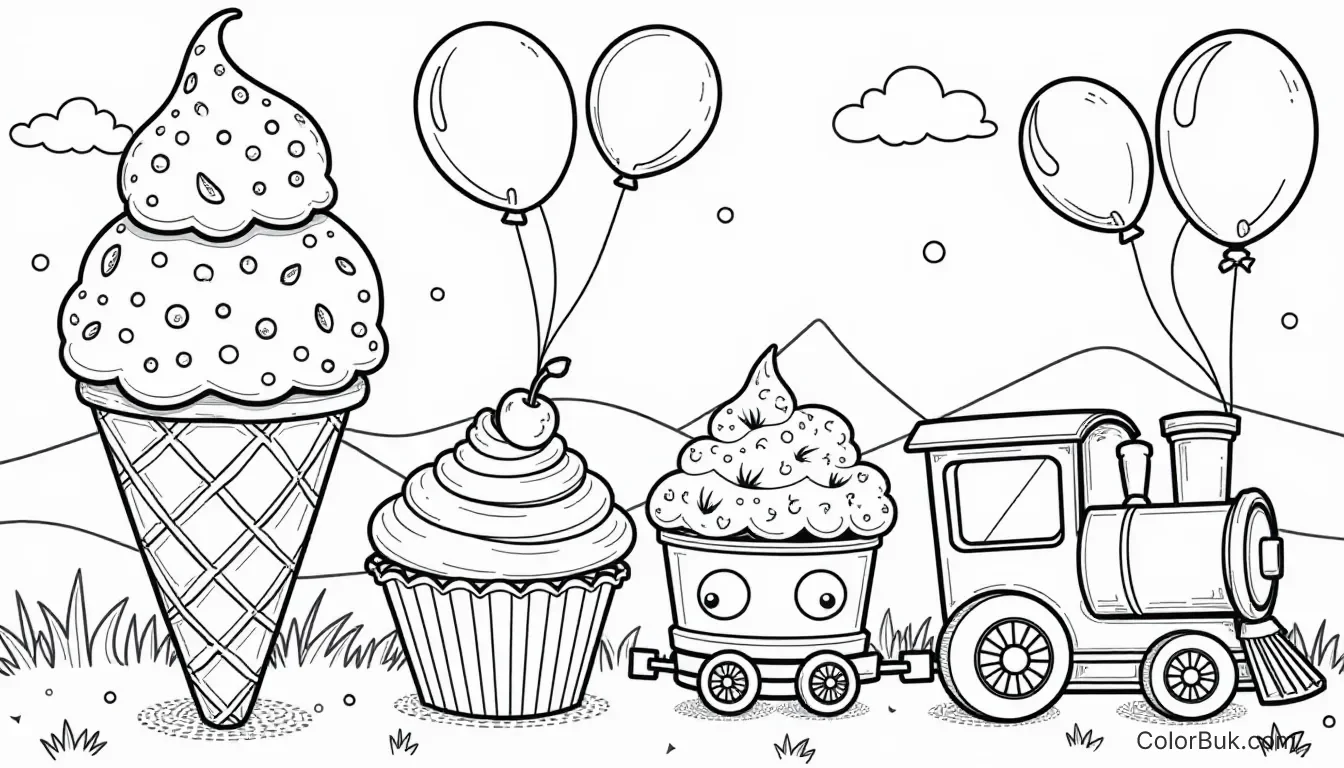 Food-Themed Coloring Pages Black and white illustration of an ice cream cone, cupcake, balloons, and toy train for coloring.