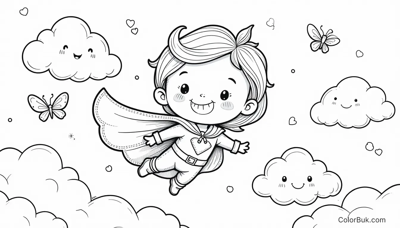 Whimsical Art Whimsical tiny superhero flying above smiling clouds with butterflies, coloring page.