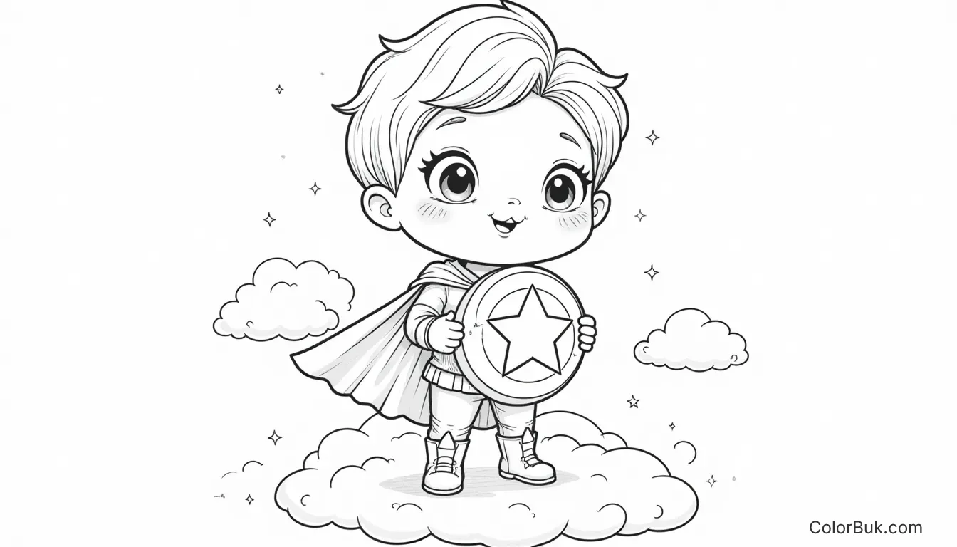 Whimsical Little Superhero Coloring Page A whimsical little superhero on a fluffy cloud holding a star-shaped shield, black and white line art for coloring.