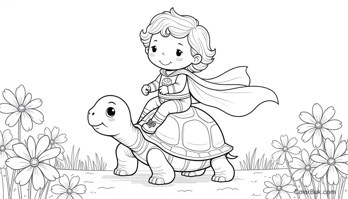 Nature and Animals Coloring Pages Cute superhero on a turtle with oversized daisies, black and white coloring page