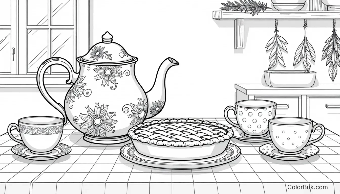 Whimsical Designs Whimsical coloring page of a teapot, teacups, and pie on a checkered tablecloth.