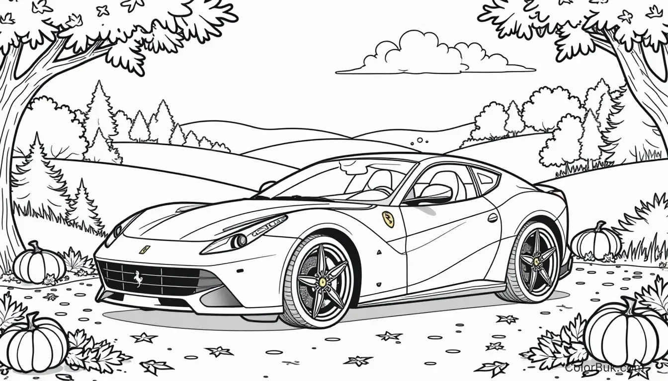 Automotive Coloring Pages Black and white Ferrari illustration in a vibrant autumn setting for coloring.