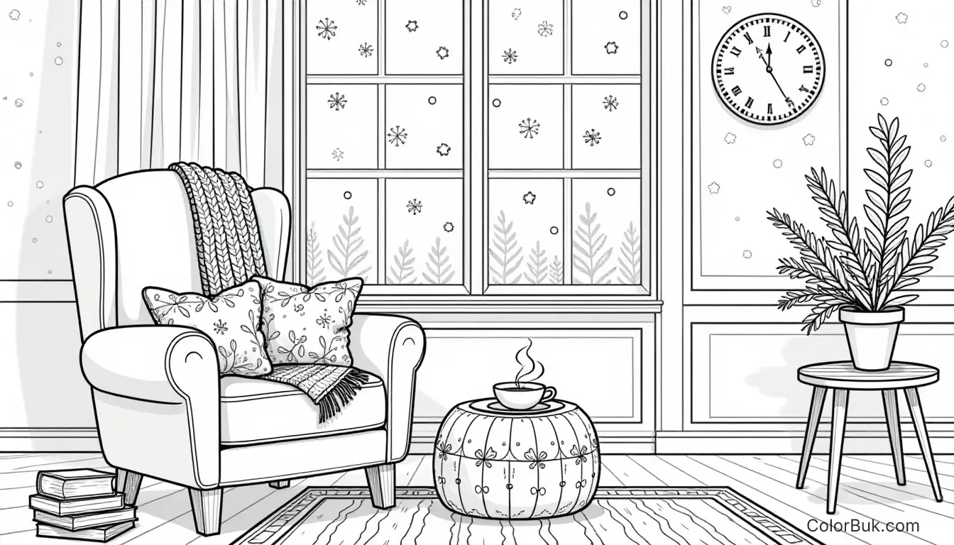 Adult Coloring Pages Intricate black-and-white illustration of a cozy comfort scene for adult coloring