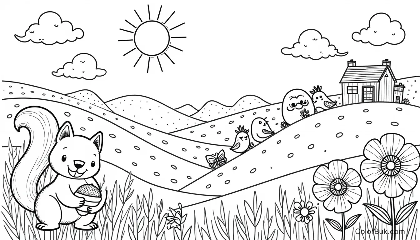 Printables for Children Sunny weather coloring book illustration featuring flowers, birds, and a squirrel
