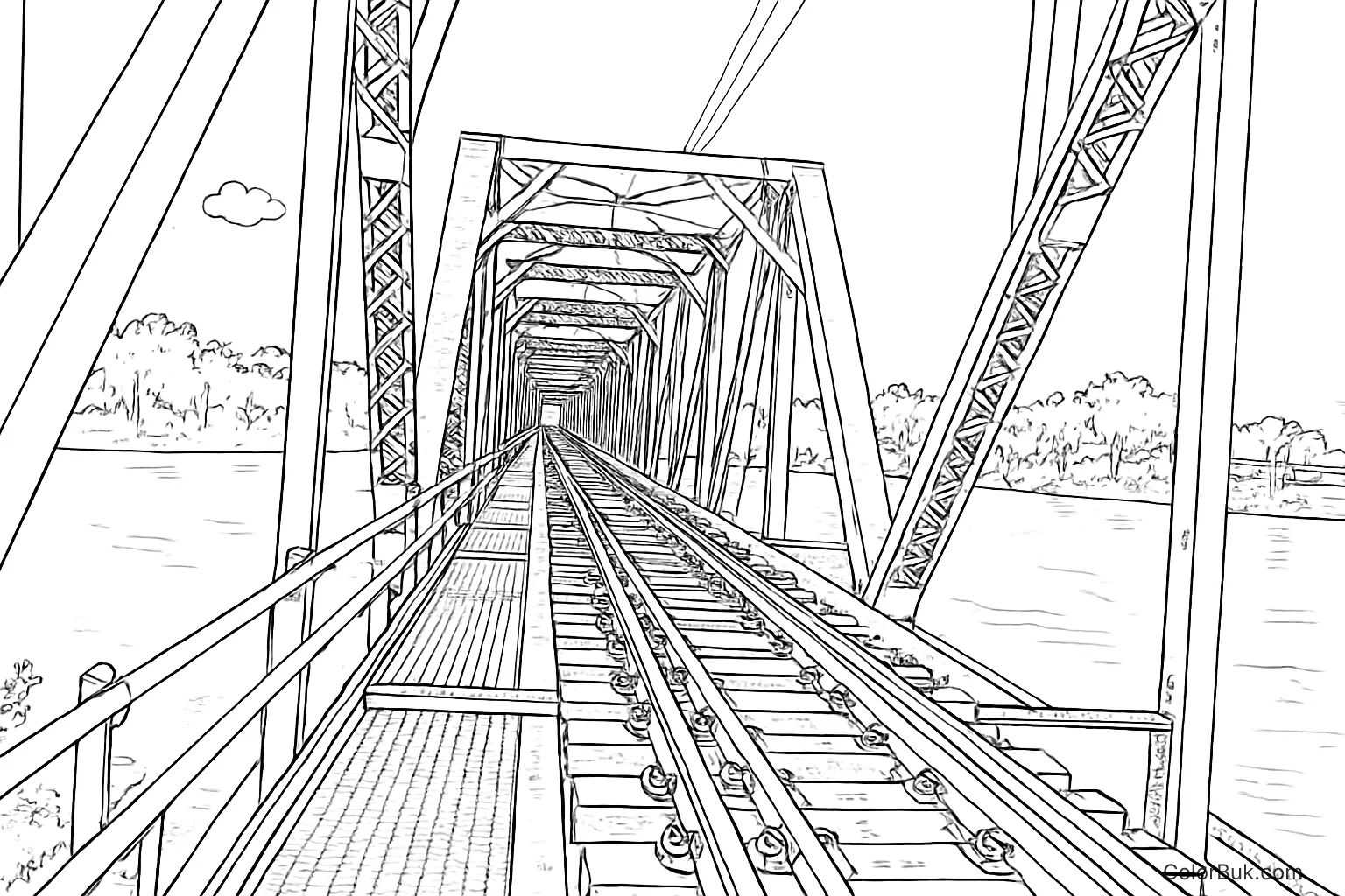 Nature Coloring Pages Line art coloring page of a railroad bridge with tracks and greenery