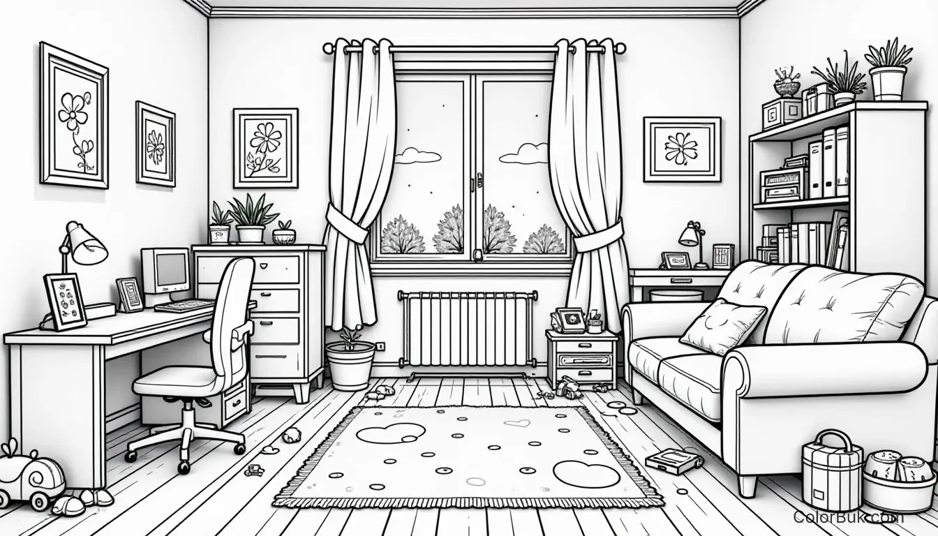 Coloring Sheets for Children Black and white line art of a messy kids room with toys for coloring