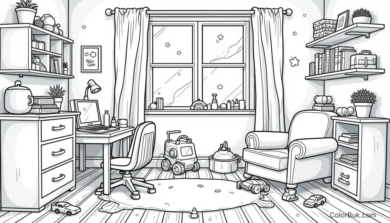 Creative Crafts Coloring page of a messy toy room filled with toys for kids