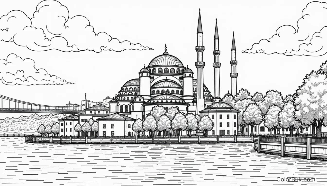 Istanbul Art Black and white coloring image of Istanbul Kız Kulesi with bold outlines