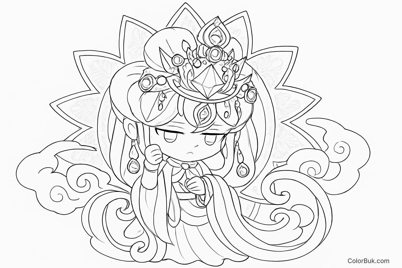 Charming Coloring Page of a Serene Spirit Character Whimsical coloring page of a serene spirit character with decorative elements.