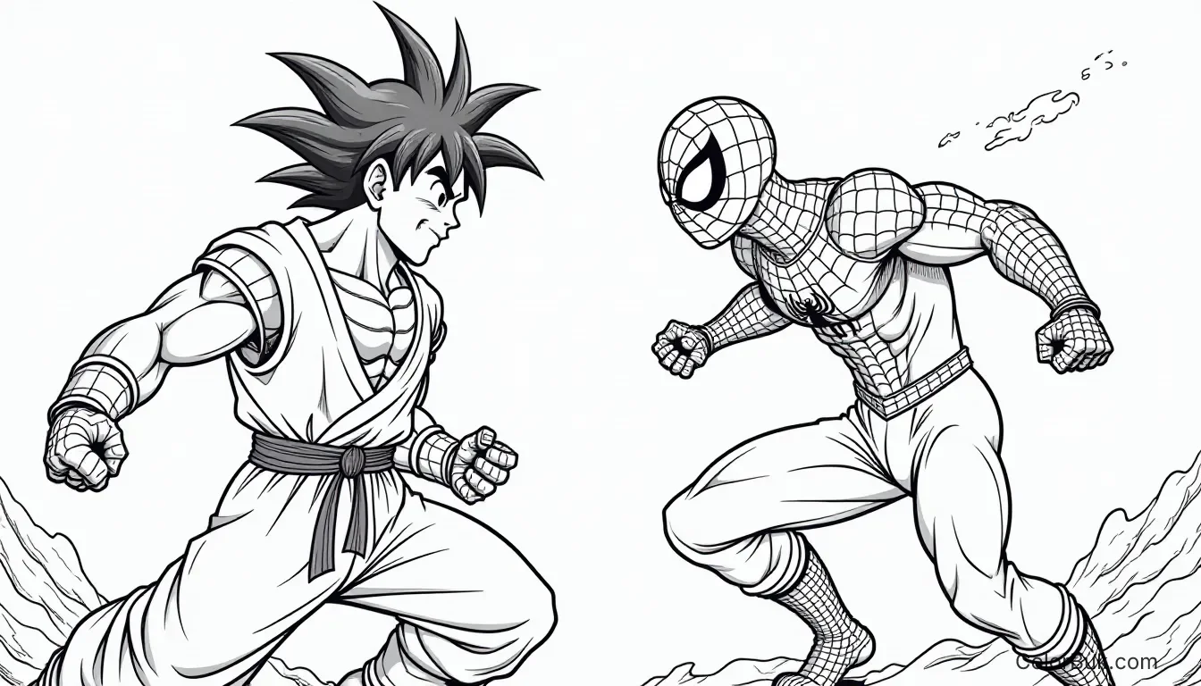 Goku vs Spider-Man Coloring Page - Epic Fight Scene Coloring page of Goku from Dragon Ball fighting Spider-Man from Marvel in landscape design